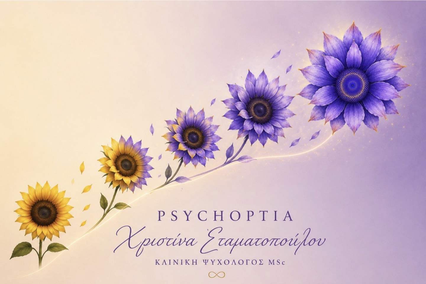 Πέντε ηλιοτρόπια σε σειρά μεταμόρφωσης, από το κίτρινο στο βαθύ μωβ, με το λογότυπο Psychoptia